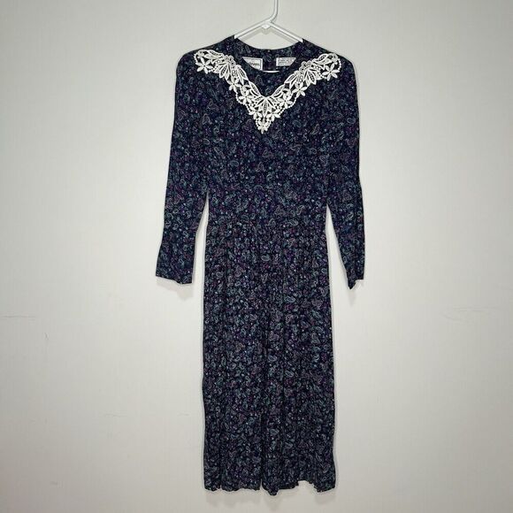 Karin Stevens Country Floral Midi Dress 8 Lace Collar Prairie Cottagecore Flaw - Picture 1 of 9